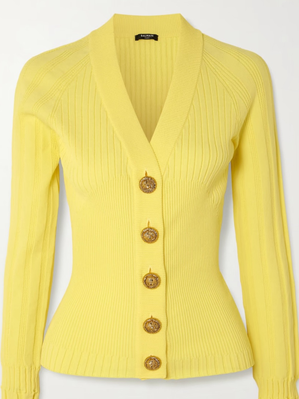 Balmain Pastel Yellow Ribbed V-Neck Cardigan with Gold Buttons